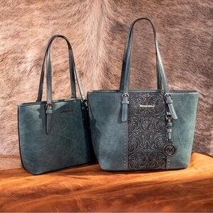 Montana West Teal Tooled Leather Tote Set